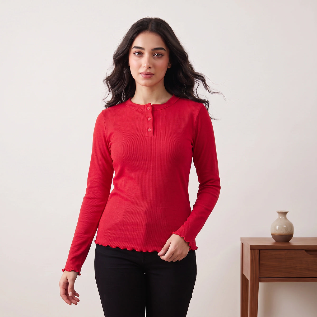 VALYA Essential Ribbed Henley Top