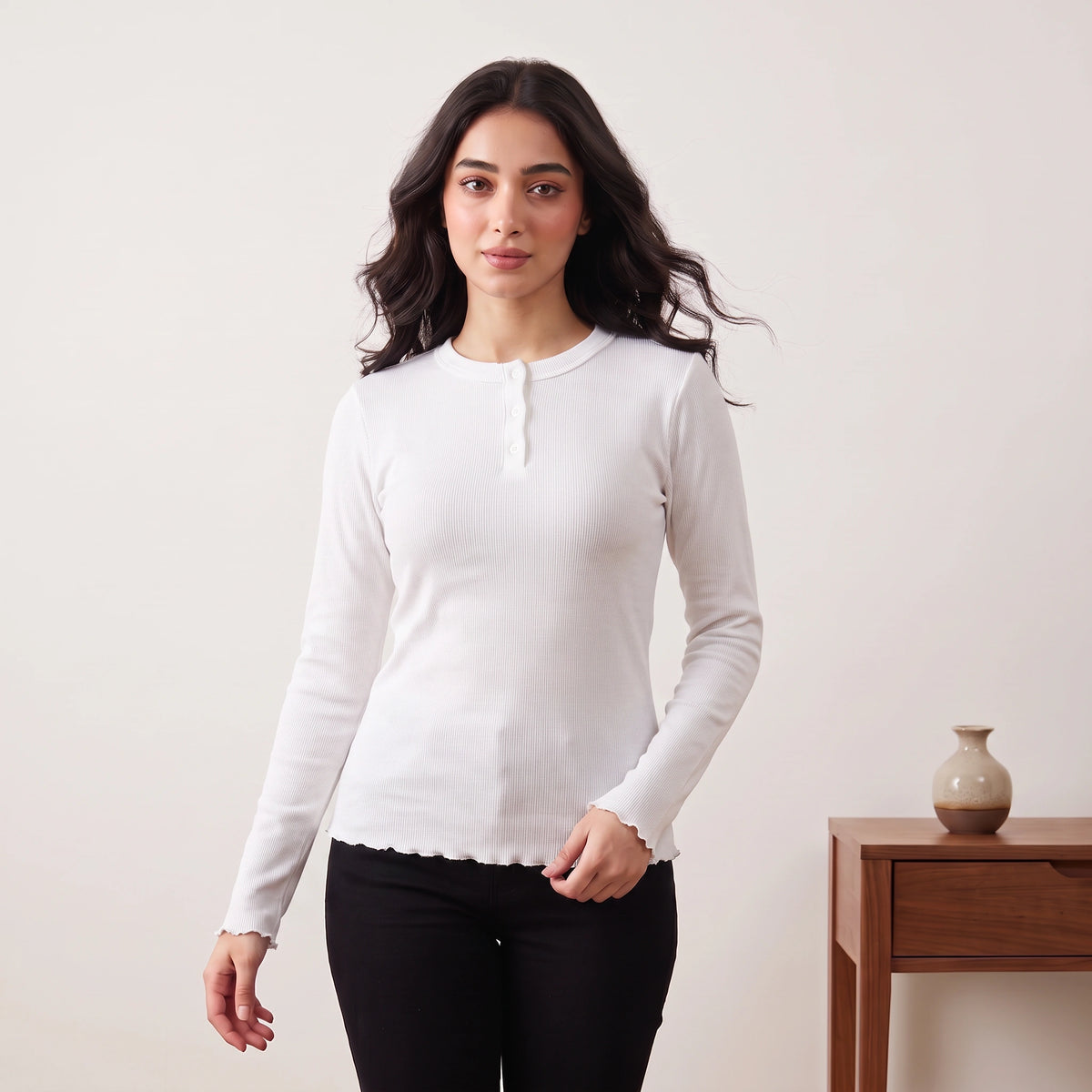 VALYA Essential Ribbed Henley Top