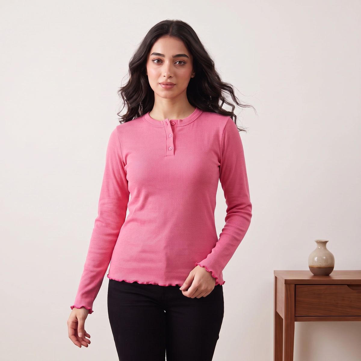 VALYA Essential Ribbed Henley Top