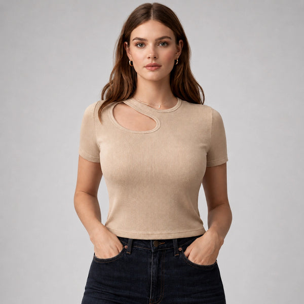 توب ريب بفتحة صدر غير متماثلة | Asymmetric Ribbed Cut-Out Top