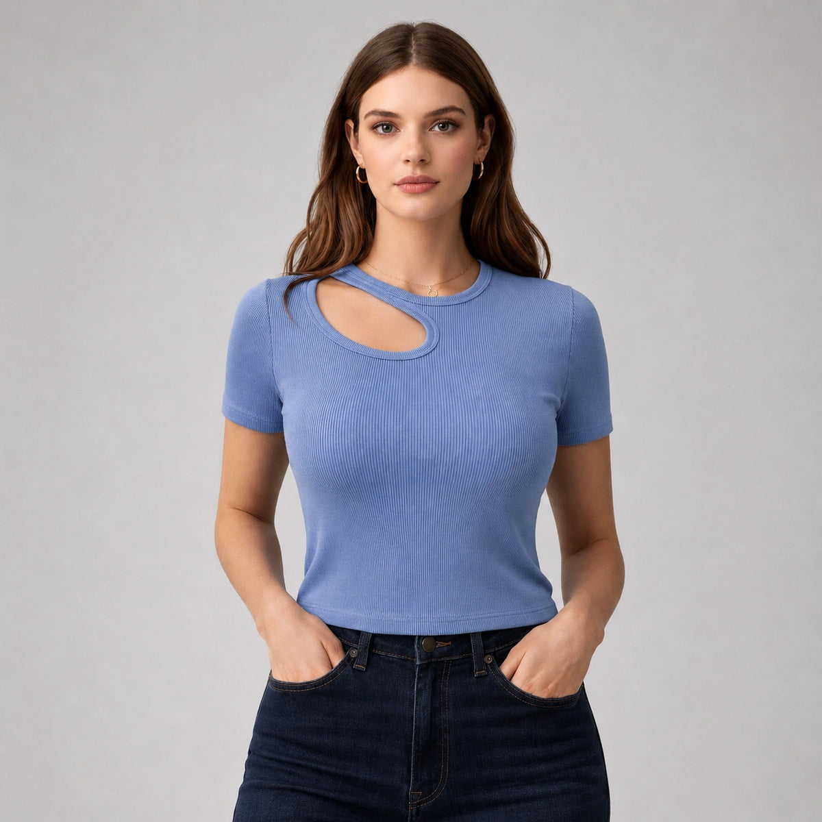 توب ريب بفتحة صدر غير متماثلة | Asymmetric Ribbed Cut-Out Top