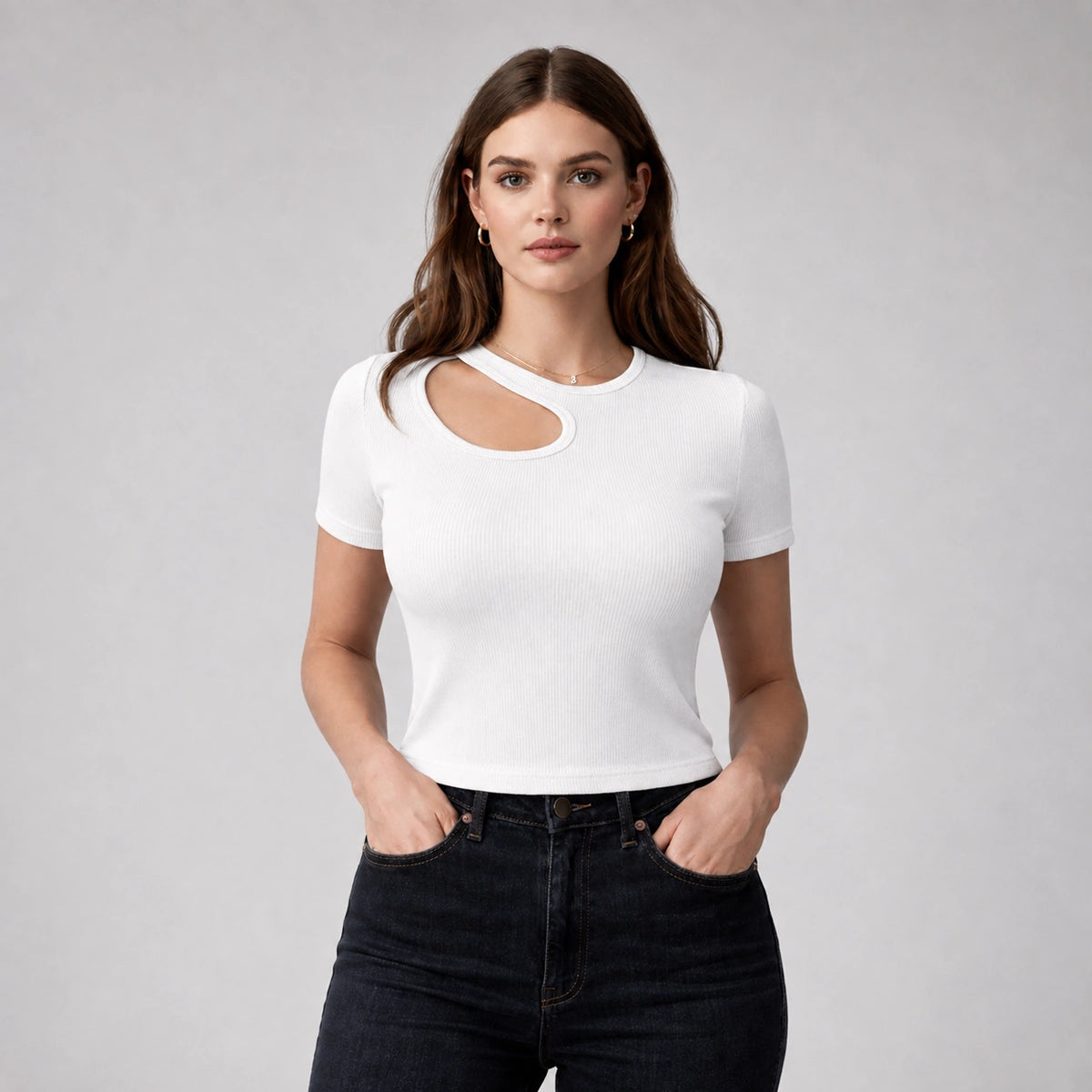 توب ريب بفتحة صدر غير متماثلة | Asymmetric Ribbed Cut-Out Top
