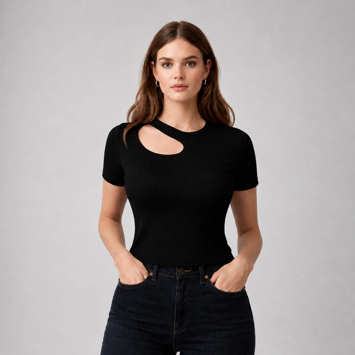 توب ريب بفتحة صدر غير متماثلة | Asymmetric Ribbed Cut-Out Top