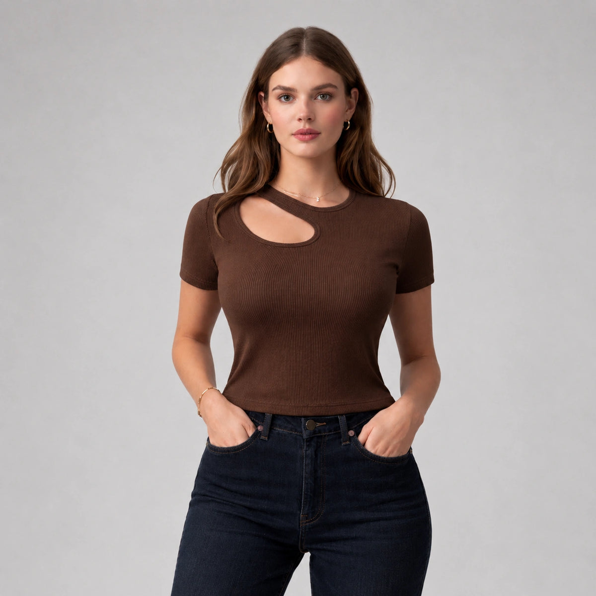 توب ريب بفتحة صدر غير متماثلة | Asymmetric Ribbed Cut-Out Top
