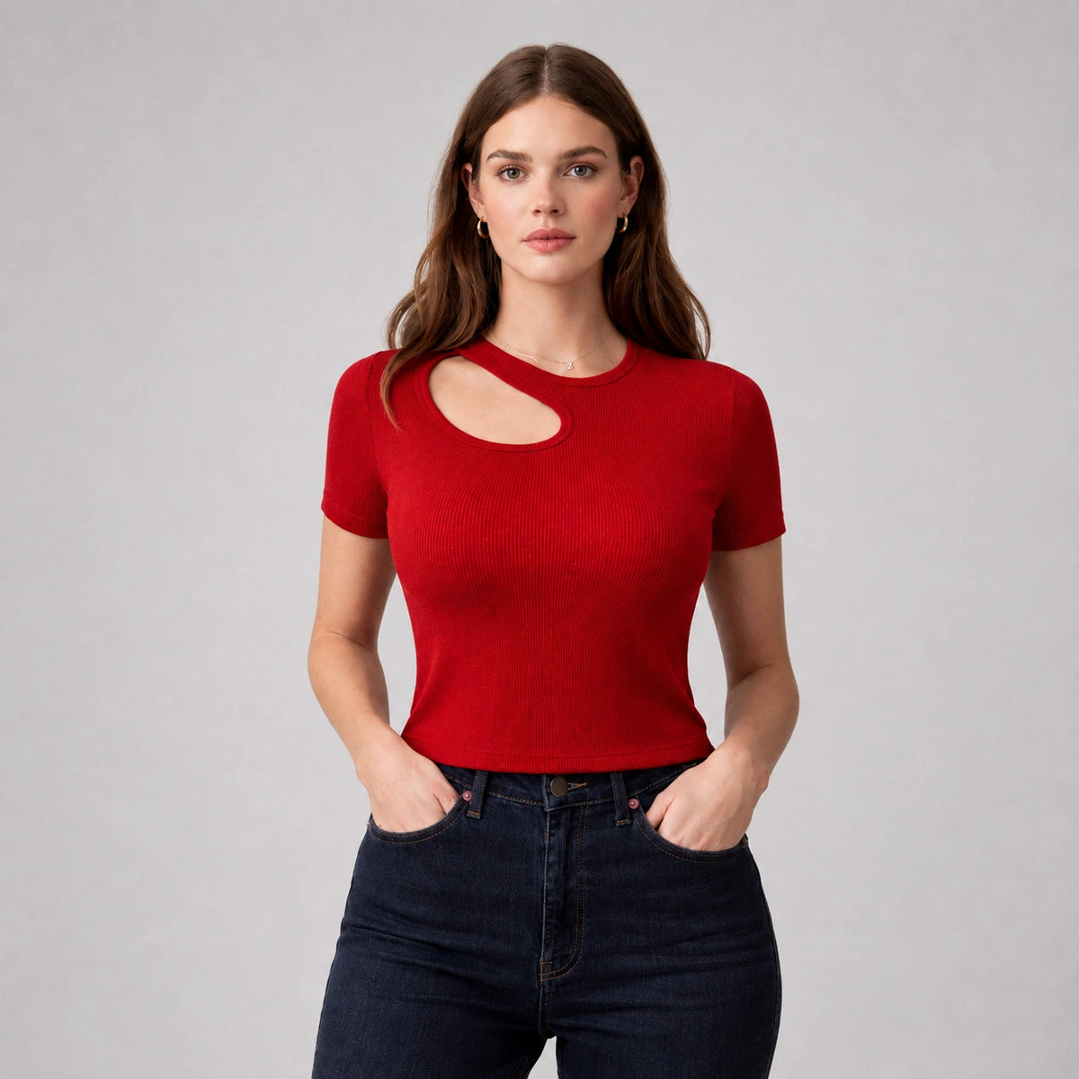 توب ريب بفتحة صدر غير متماثلة | Asymmetric Ribbed Cut-Out Top