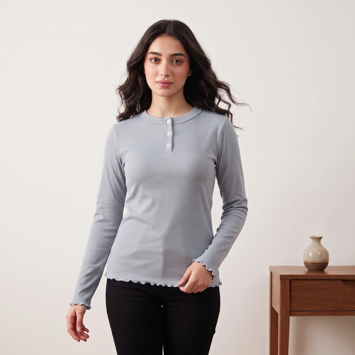 VALYA Essential Ribbed Henley Top
