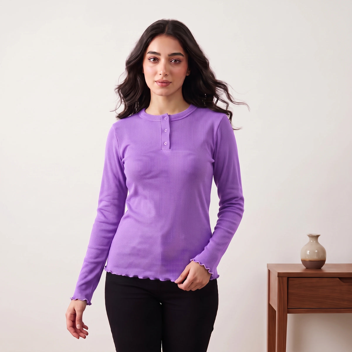 VALYA Essential Ribbed Henley Top