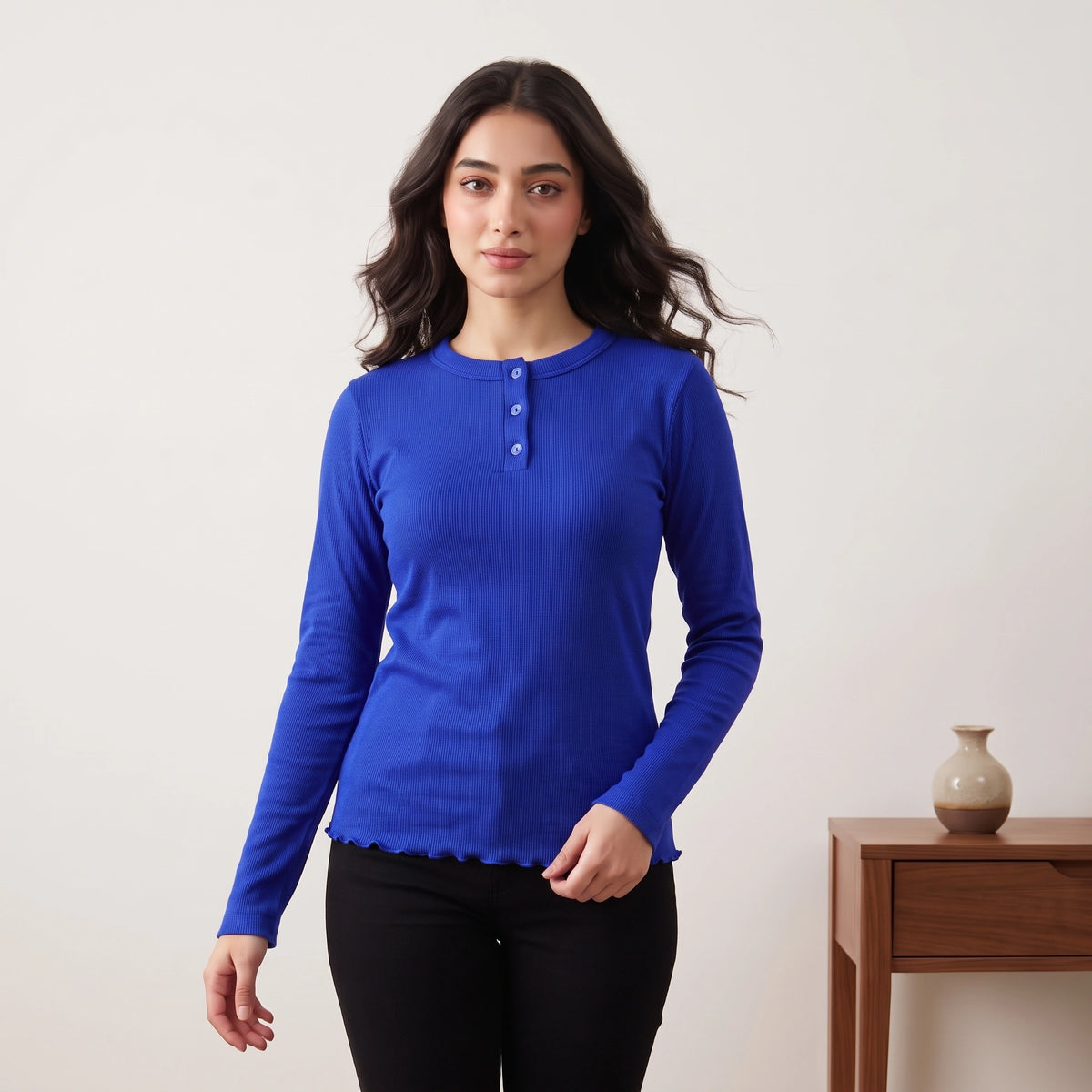 VALYA Essential Ribbed Henley Top