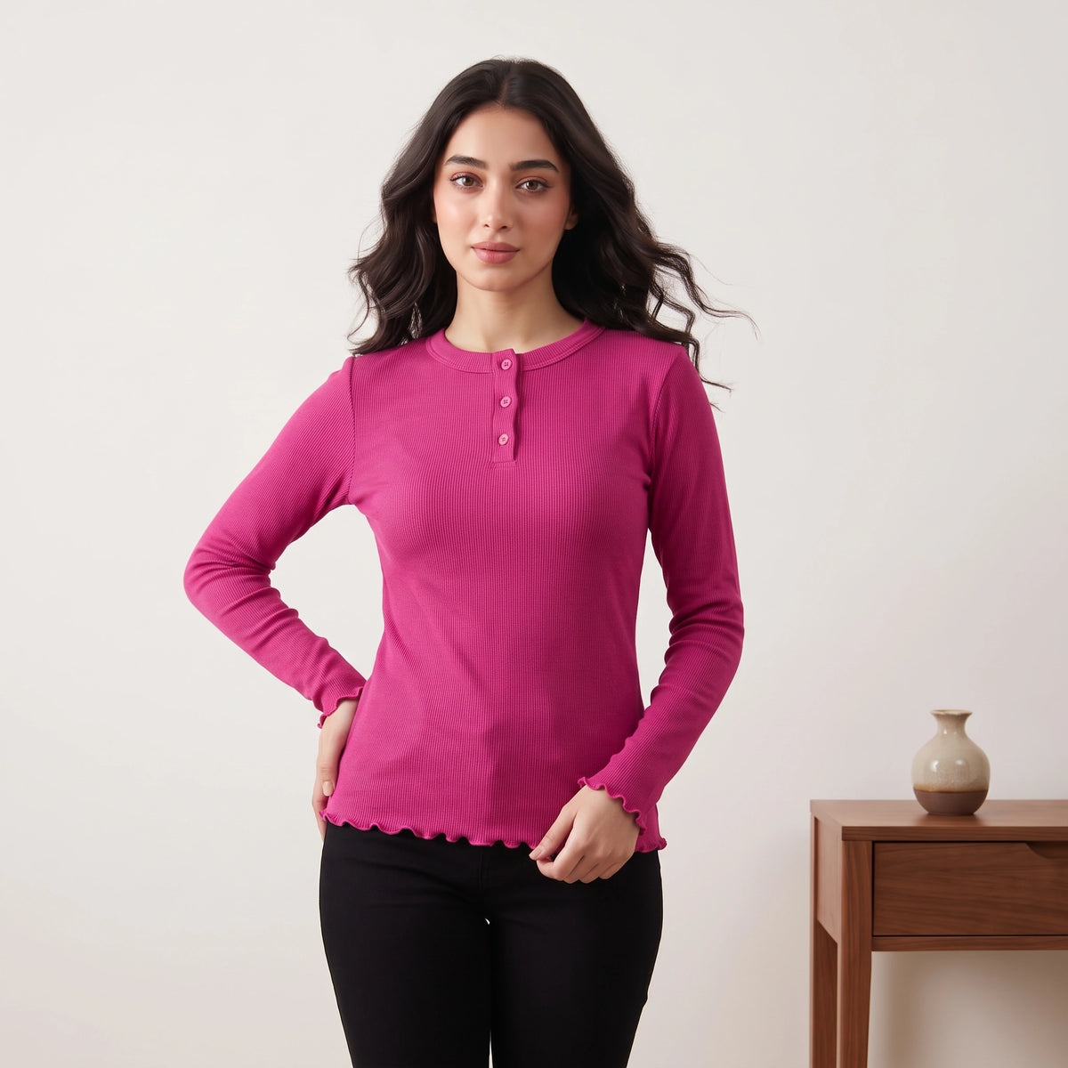 VALYA Essential Ribbed Henley Top