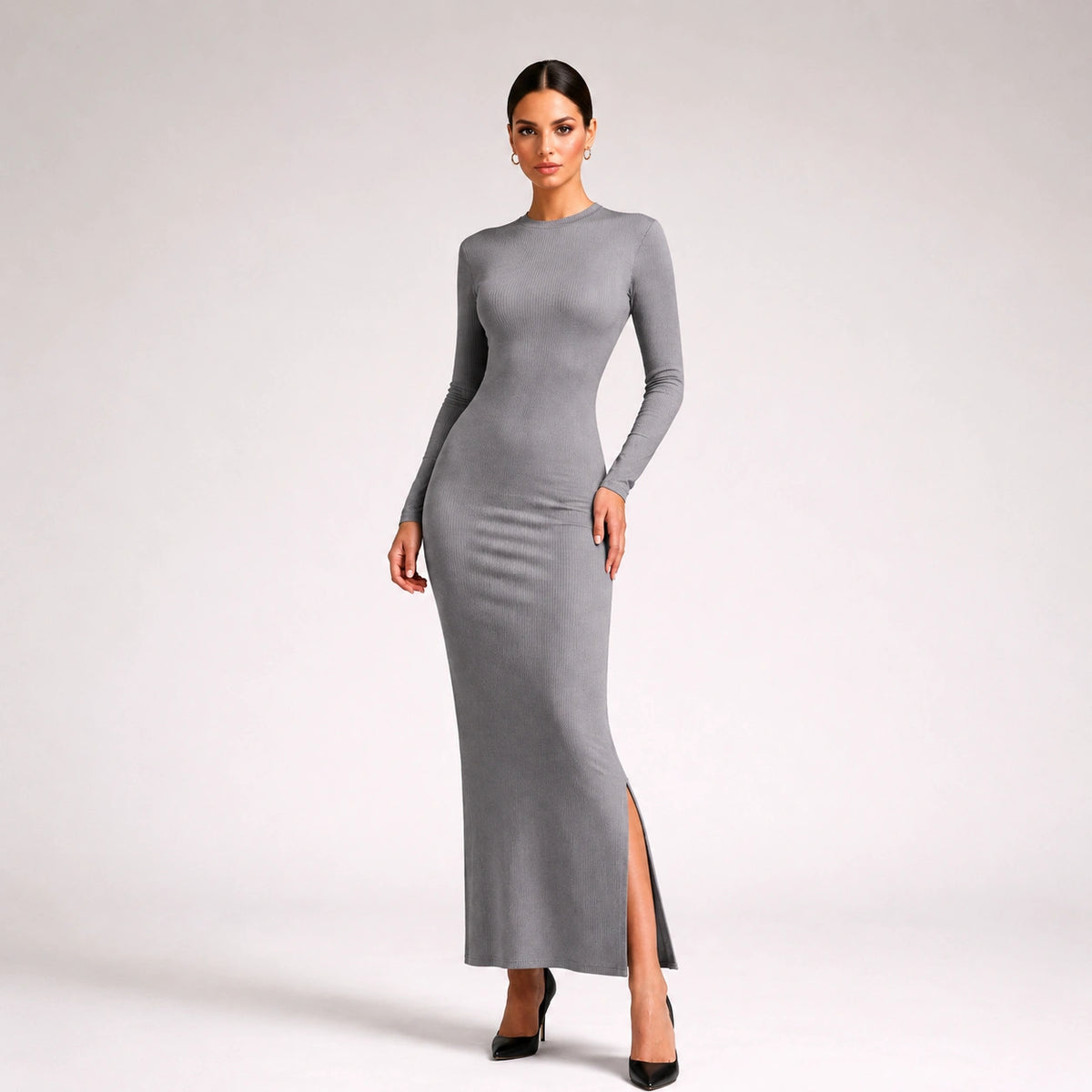 فستان ريب طويل بكم طويل وشق جانبي | Ribbed Maxi Dress