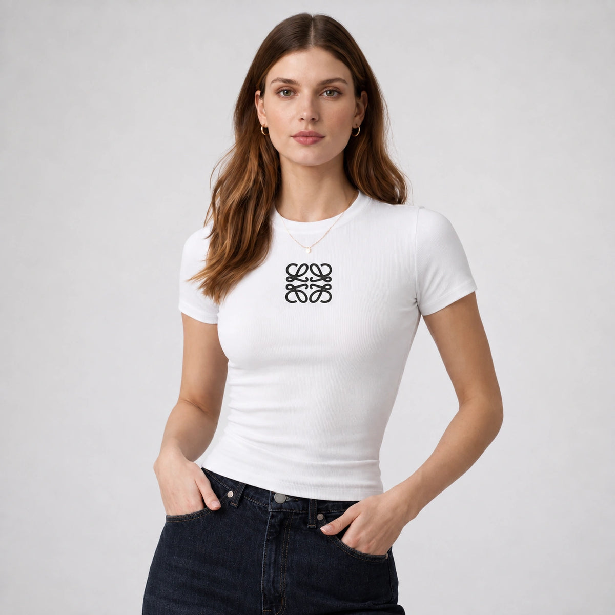 تيشيرت ريب بأكمام قصيرة وتطريز أمامي | Ribbed Embroidered T-Shirt