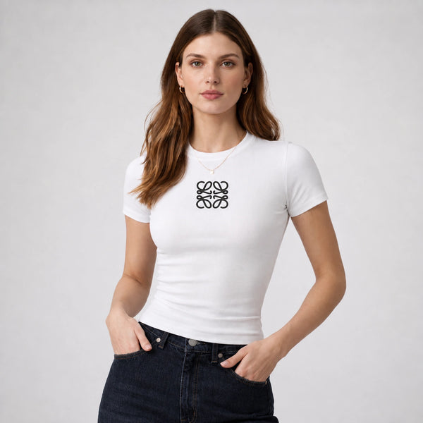 تيشيرت ريب بأكمام قصيرة وتطريز أمامي | Ribbed Embroidered T-Shirt