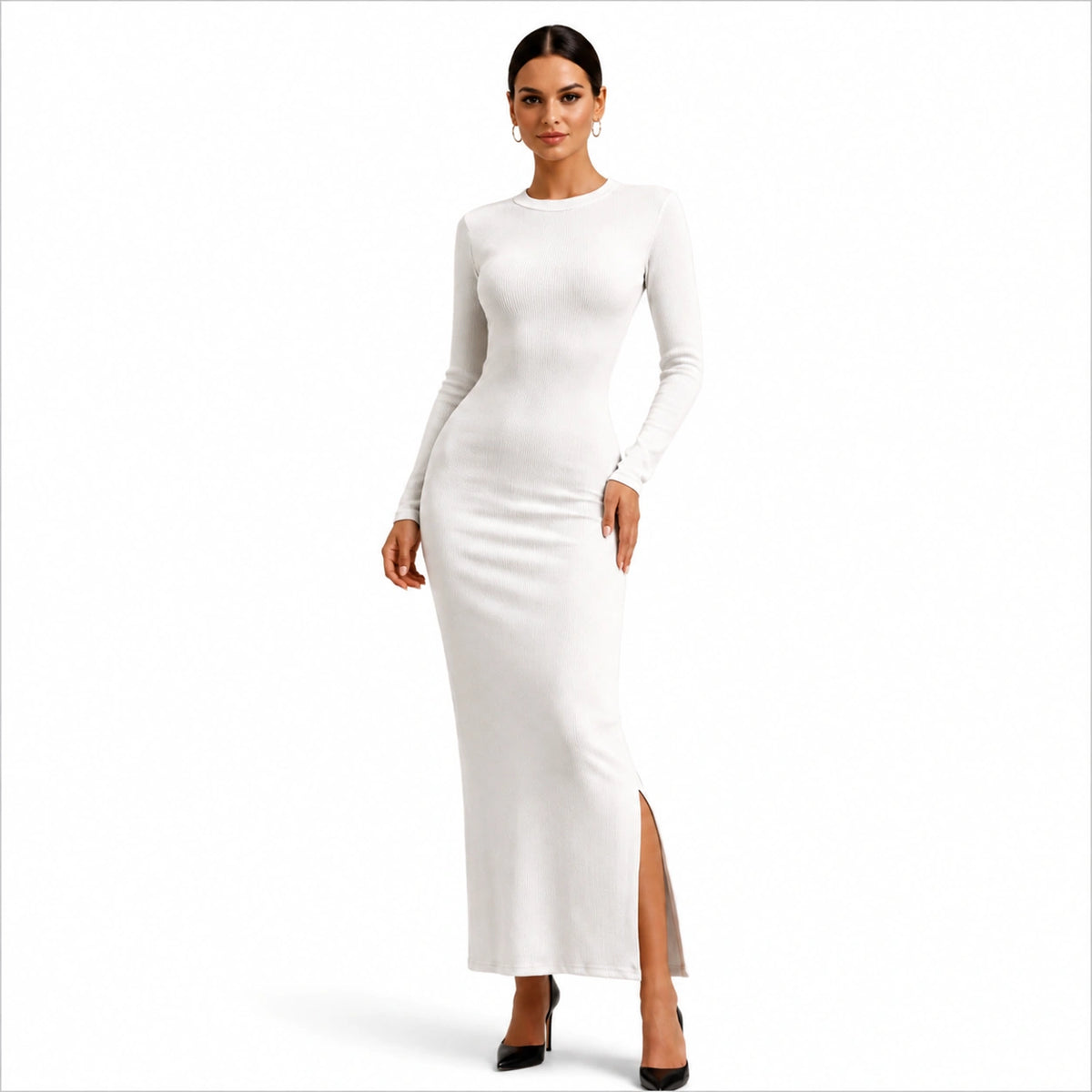 فستان ريب طويل بكم طويل وشق جانبي | Ribbed Maxi Dress
