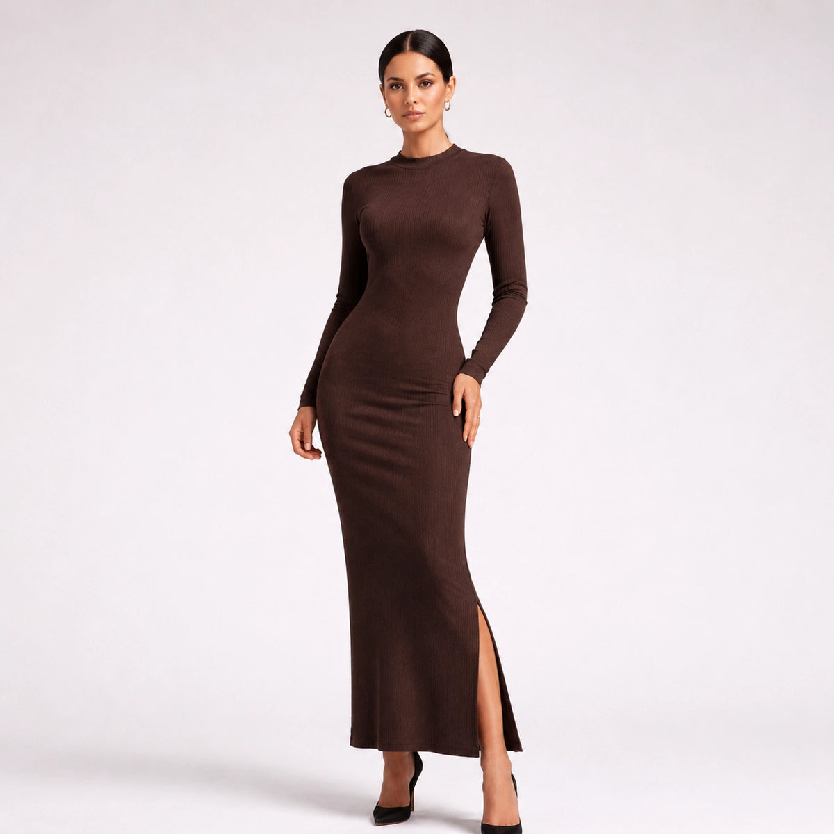 فستان ريب طويل بكم طويل وشق جانبي | Ribbed Maxi Dress