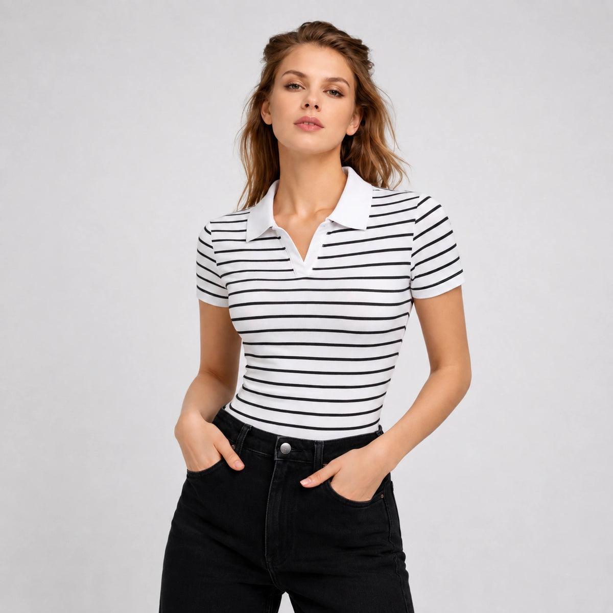 توب لياقه مخطط Striped Polo Top