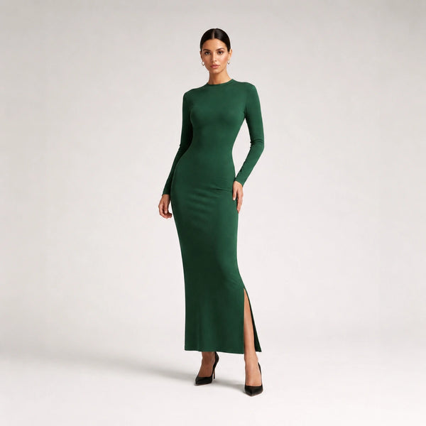 فستان ريب طويل بكم طويل وشق جانبي | Ribbed Maxi Dress