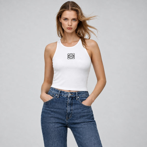توب ريب بدون أكمام بتطريز أمامي | Ribbed Embroidered Tank Top